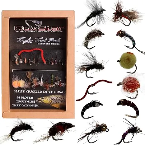 RoxStar Fly Shop Trophy Trout 24pk | Top Wet & Dry Flies for Trout. | Trout Flies Proven Nationwide to Catch Fish! | Tied in-House Never Outsourced! Proud Partner of Trout Unlimited