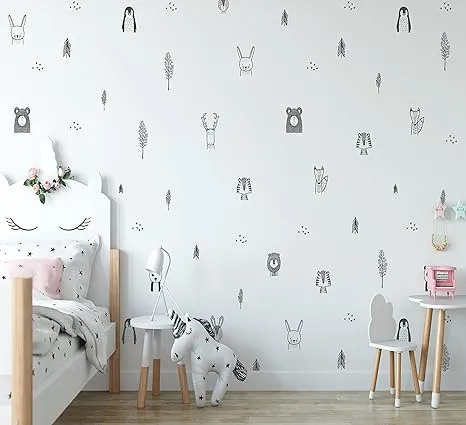 Stylish Animal Wall Decals - Charming Jungle Nursery Decor, Nordic Style Safari Wall Decals for Baby Room Decor, Black & White Jungle Wall Decals, Peel and Stick.