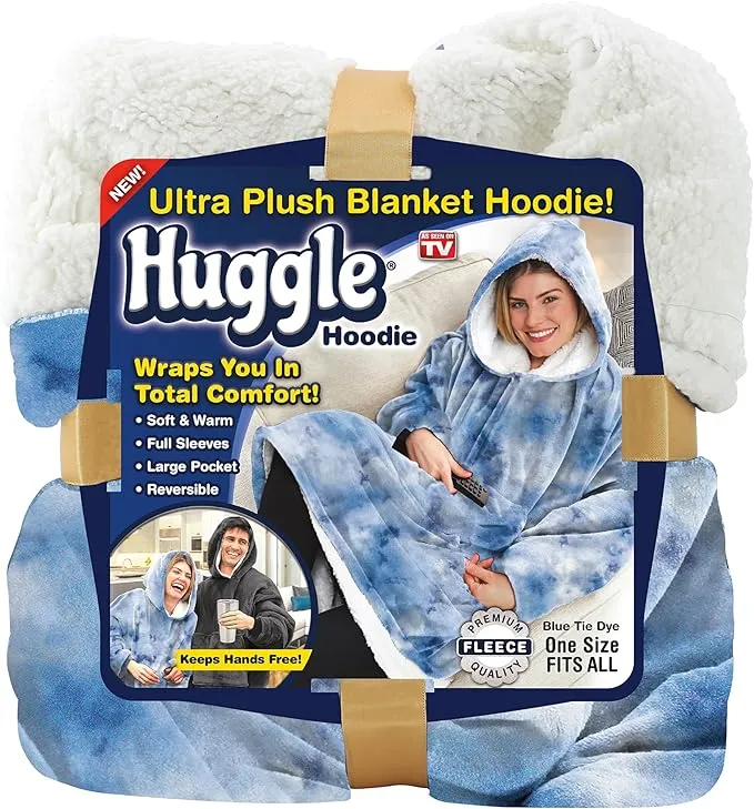 Huggle Hoodie, Fleece & Sherpa Wearable Blanket Hoodie, Blue Tie Dye