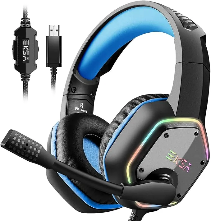 EKSA E1000 RGB USB Gaming Headset 7.1 Surround Sound, Noise-Canceling Mic Headphone for PC, PS4 & PS5 Blue