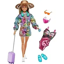 Barbie Doll & Accessories Set, Holiday Fun Summer Travel Fashion Doll, Blonde with Rainbow Jogger Top & Shorts, Swimsuit, Luggage & More