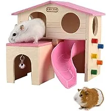 kathson Pet Small Animal Hideout Hamster House with Funny Climbing Ladder Slide Wooden Hut Play Toys Chews for Small Animals Like Dwarf Hamster and Mouse(Pink)