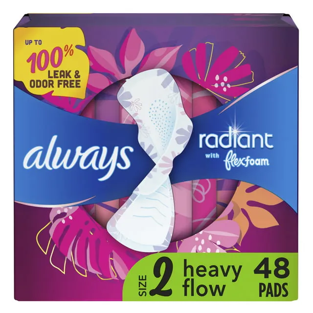 Always Radiant Feminine Pads for Women, Size 1 Regular Absorbency, with Flexfoam, with Wings, Light Clean Scent, 30 Count x 3 Packs (90 Count Total)