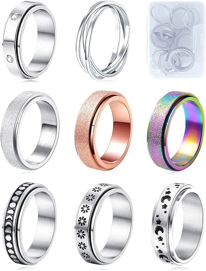 MUCAL Fidget Rings for Anxiety 8pcs Stainless Steel Spinner Ring Anti Anxiety Ring Spinning Moon Star Cool Stress Relieveing Rings for Women Men