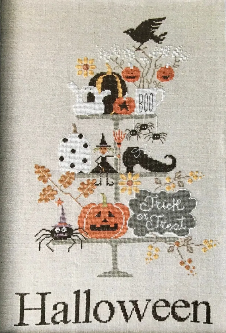 MADAME CHANTILLY "Celebrate Halloween" Counted Cross Stitch Pattern~Halloween Tiered Tray~Spider~Ghost~Trick or Treat~Jack-O-Lantern~Witch