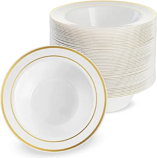 MATANA 25 Pack Plastic Bowls for Parties in White with Gold Rim, 7.5" Inch (12oz) Reusable Sturdy Salad Bowl, Soup Bowl, Dessert & Ice Cream Bowl for Wedding Parties, Events, Dinner, Outdoor Picnic