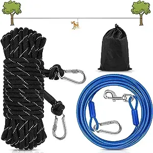 Petbobi Dog Runner for Yard Outdoor Camping 50FT W/ 9.8FT Dog Tie Out Cable Dog Lead Zipline Portable Overhead Trolley System Rust Proof Heavy, Black