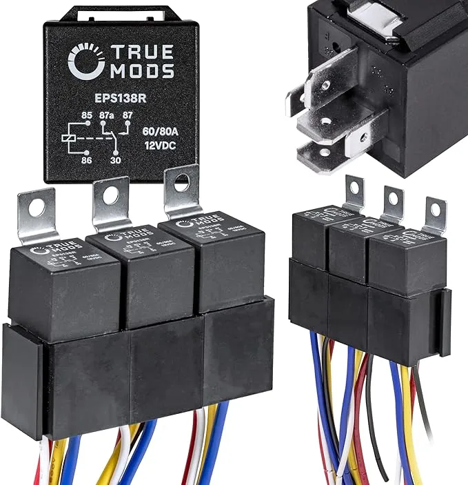 True MODS 5 Pack Bosch Style 5-Pin 12V Relay Kit [60/80 Amp Heavy Duty] [Interlocking Harness Socket Holder] [12 AWG Hot Wires] [SPDT] 12 Volt Automotive Relays for Auto Fan Cars