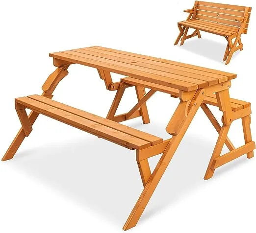 Best Choice Products 2-in-1 Transforming Interchangeable Outdoor Wooden Picnic Table Garden Bench for Backyard, Porch, Patio, Deck w/Umbrella Hole - Natural
