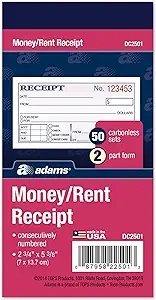 Adams Money and Rent Receipt, 2-3/4 x 5-3/8 Inches, 2-Parts, Carbonless, White/Canary, 50 Sets per Book, 3 Books (DC2501-3)