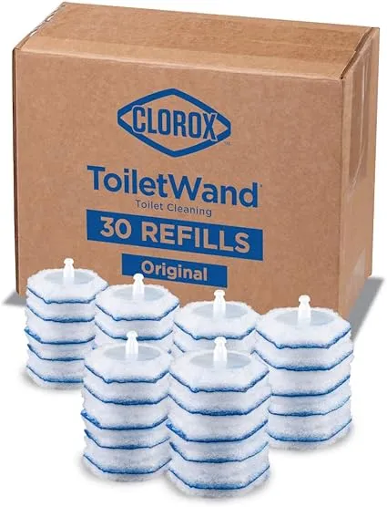 Clorox Toilet Wand Disinfecting Refills, Bathroom Cleaning, Toilet Brush Heads, Disposable Wand Heads, Blue Original, 30 Count