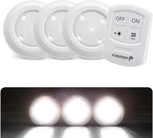 Fosmon Wireless LED Puck Light 3 Pack with Remote Control, Under Cabinet Lighting [5 Daylight White LED, Wide Floodlight Tap Style, 30-Minute Timer, Battery Operated] for Kitchen Closet Pantry Counter