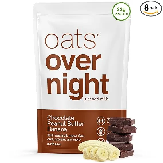 Oats Overnight - Chocolate Peanut Butter Banana 8 Meals High Protein, Low Sugar Breakfast Shake - Gluten Free, High Fiber, Non GMO Oatmeal 2.7oz per