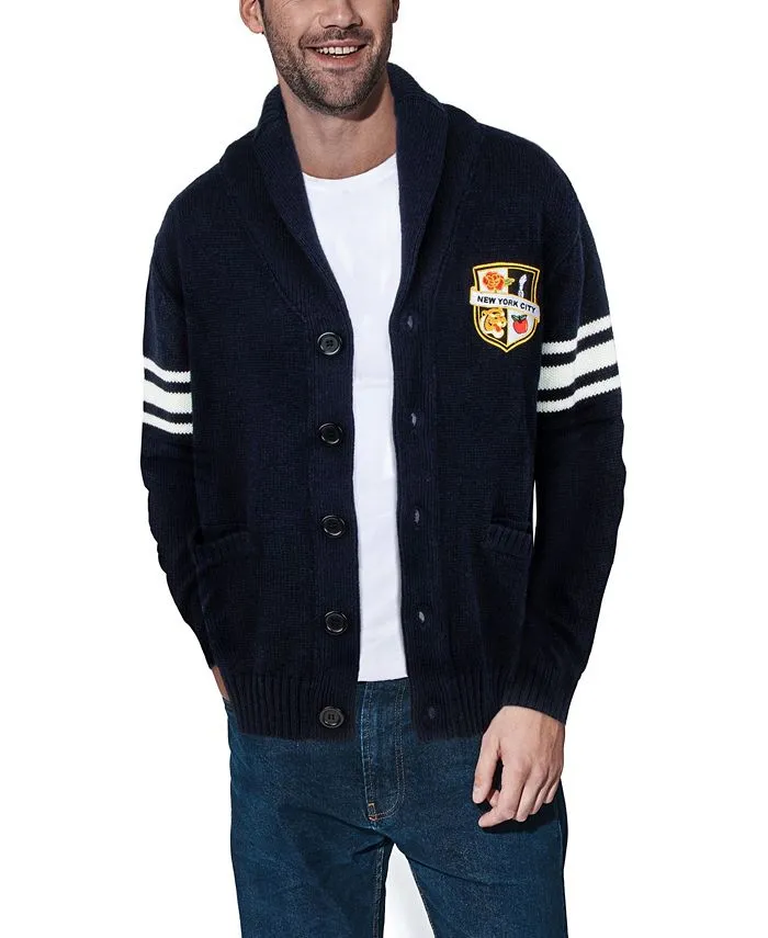 x Ray Shawl Collar Heavy Gauge Cardigan with City Patch - Black