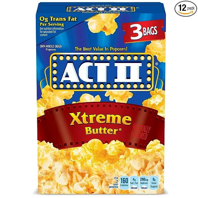 ACT II Xtreme Butter Microwave Popcorn Bags, 3-Count (Pack of 12)