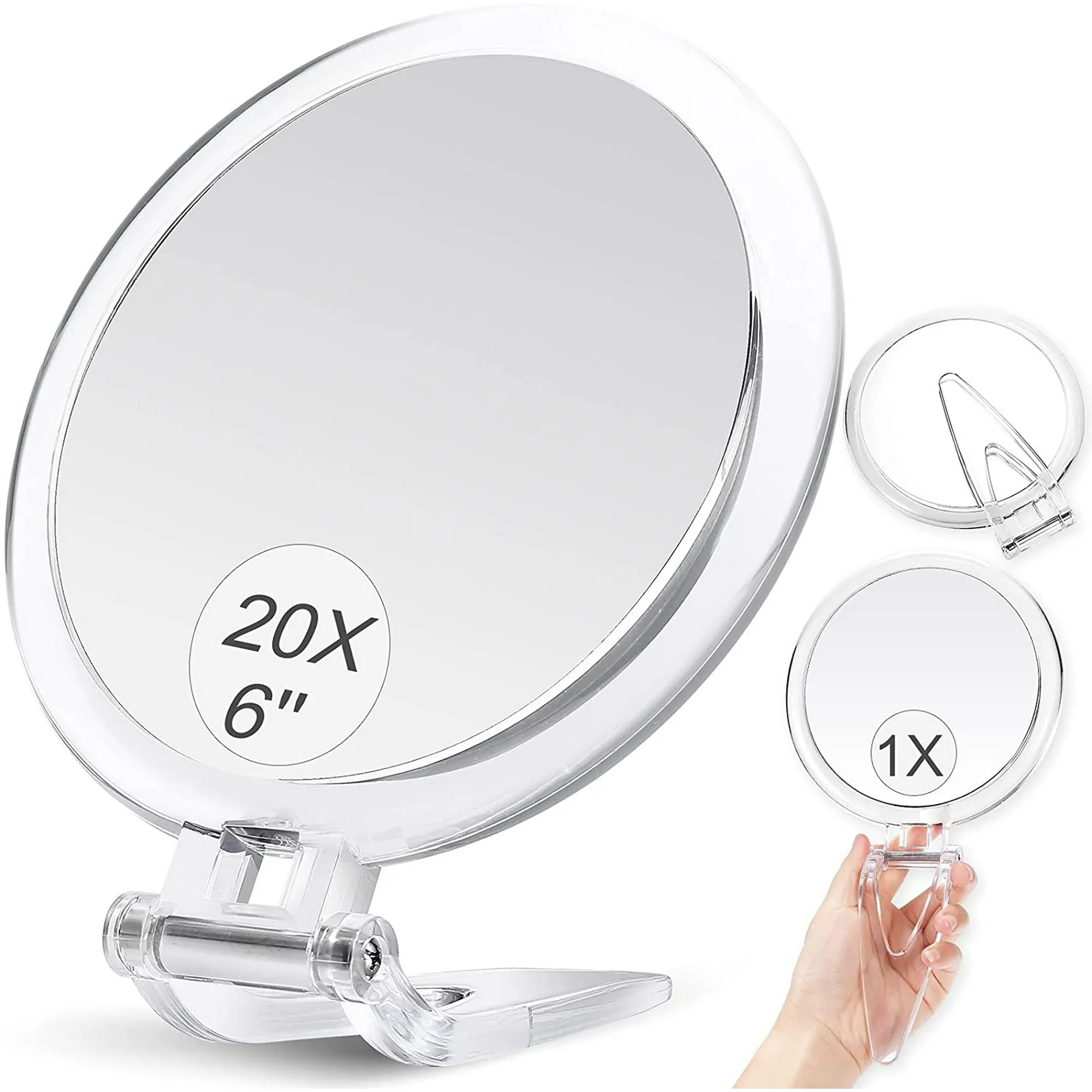 Hand Held Mirror, Double-Sided 1X/20X Magnifying Makeup Mirror, Handheld Foldable Table and Travel Usage (Round 5inch)