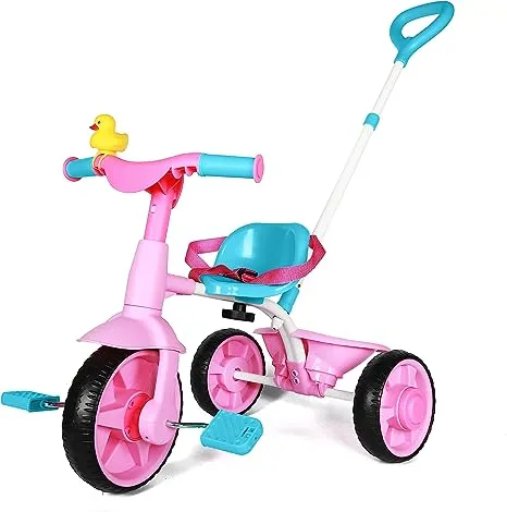 KRIDDO 2 in 1 Kids Tricycles Age 18 Month to 3 Years, EVA Wheels Upgraded, Gift, Trikes for Toddlers 2 to 3 Year Old with Push Handle and Duck Bell, Pink