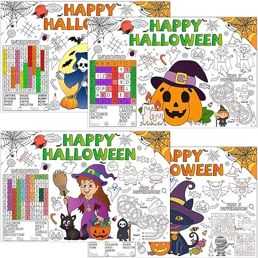 32 Pcs Halloween Placemats Halloween Coloring Paper Table Mats Disposable Coloring Activity Place Mats Pumpkin Ghost Table Decoration for Halloween