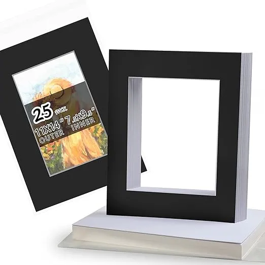 Acid Free 25 Pack 11x14 Pre-Cut Mat Board Show Kit for 8x10 Photos, Prints or Artworks, 25 Core Bevel Cut Matts and 25 Backing Boards and 25 Crystal Plastic Bags, Black