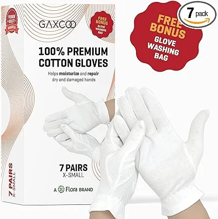 Gaxcoo Cottonnerie X-Small 7 Pairs 100% Premium Cotton Moisturizing Gloves for Dry Hands & Eczema | Overnight Lotion & Spa Treatment for Women & Men | Reusable, Free Washing Bag - Packaging May Vary