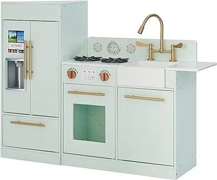 Teamson Kids Little Chef Charlotte Kids Play Kitchen, Wooden Kitchen Playset for Toddlers with Accessories, Pretend Ice Maker, Modular Design, & Storage Space, White/Gold, Gift for Ages 3+