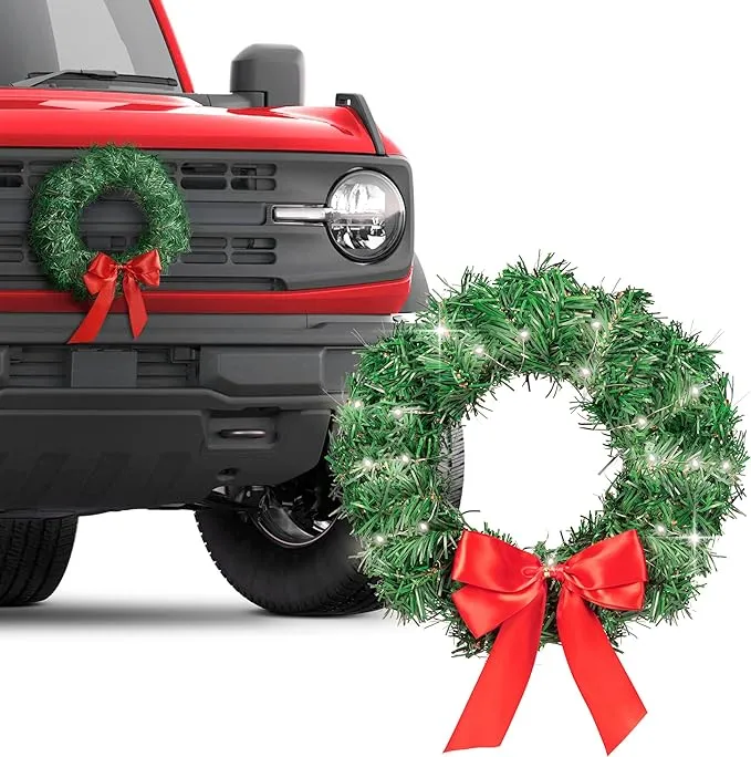 Motor Trend Car Christmas Wreath for Car Truck SUV LED Light Up Decoration Grill Ornament Mount Xmas Artifical Pine Pre-Lit Automotive All Weather Winter Holiday Wreath