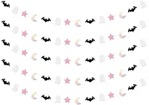 5 Pcs Halloween Moon Bat Ghost Star Garland Pink Black Halloween Garland for Pink and Black Kids' Halloween Party Supplies Decorations