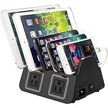 UDOLI 5 USB Ports Charging Station Organizer for Multiple Devices Fast Charging Desktop Stand for Apple Android Phone Tablet 1600W 2 AC Power Outlets Charger Dock for Home Office 3 Prong Cord Black