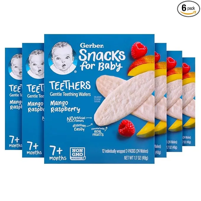 Gerber Snacks for Baby Teethers, Gentle Teething Wafers, Mango Raspberry, 1.7 Ounce, 12 Count Box (Pack of 6)