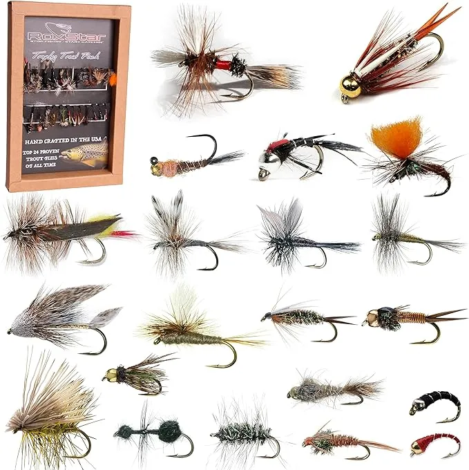 RoxStar Fly Shop Trophy Trout 24pk | Top Wet & Dry Flies for Trout. | Trout Flies Proven Nationwide to Catch Fish! | Tied In-House Never Outsourced!