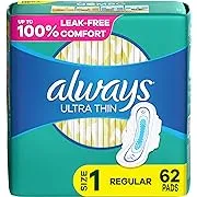 Always Ultra Thin Pads with Wings, Size 1, 62 CT