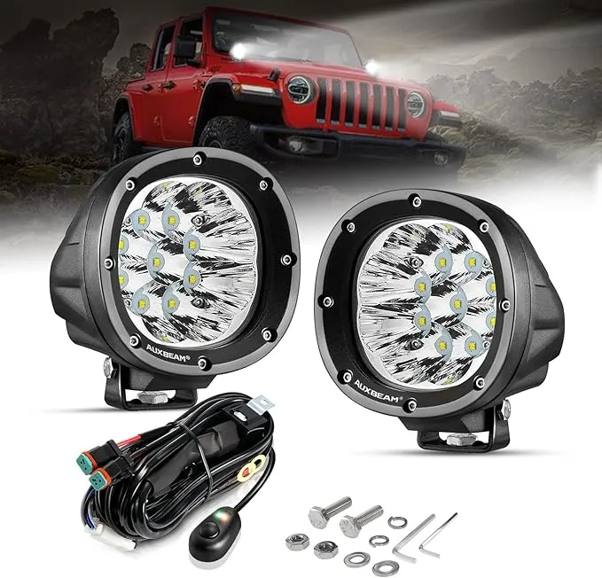 Auxbeam 4 Inch 90W Round LED Offroad Lights 2PCS 9000LM LED Light Pods Round LED Driving Lights Spot Flood Work Fog Light with Wiring Harness for Truck Pickup SUV ATV UTV 4x4 Jeep(White Beam)