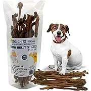 Dog Chits Lamb Bully Sticks for Dogs and Puppies | 8 oz (12 Pieces+) | Natural Healthy Long Lasting Chew for Large and Small Dogs Protein Treats | Odor Free