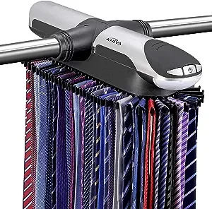 Aniva Motorized Tie Rack Closet Organizer with LED Lights Includes J Hooks for Wired Shelving Stores Up to 72 Ties & 8 Belts, Operates with Batteries