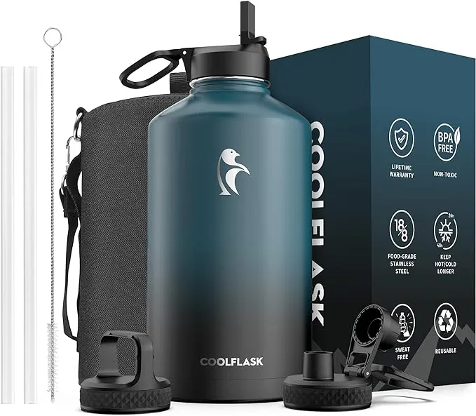 Coolflask 64 oz Insulated Water Bottle with Straw & 3 Lids, Half Gallon Water Jug Large Metal Stainless Steel Wide Mouth for Sports, Gym or Office