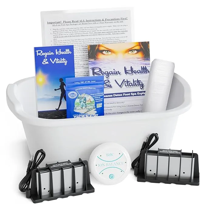 Ionic Foot Bath Detox Machine - Foot Spa Bath Free Regain Health & Vitality Booklet & Brochure - 2 Arrays, 20 Basin Liners, Detox Sea Salt, Basin 12QT