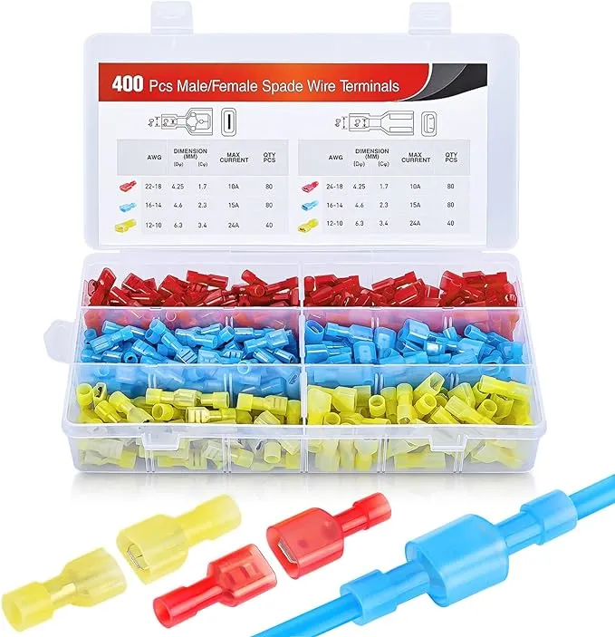 Nilight 400 Pcs Spade Terminals Nylon Quick Disconnect Terminals Male and Female Spade Connectors Kit Electrical Insulated Wire Crimp Terminals Assortment Kit