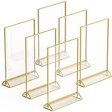 Dasher Products Gold Picture Frames Double Sided - 6 Pack - 5x7 Acrylic Gold Table Number Holders, Clear Easel Table Stands for Signs, Gold Frames for