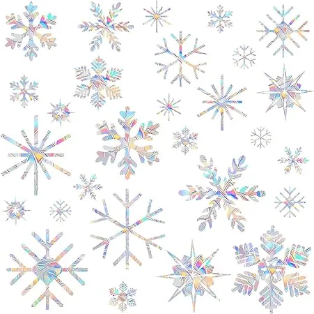 Window Decals for Glass Windows,Anti-Collision Clings to Save Birds from Window Collisions,Non Adhesive Prismatic Window Clings, Rainbow Stickers,Christmas Snowflake Window Clings,(28pcs)