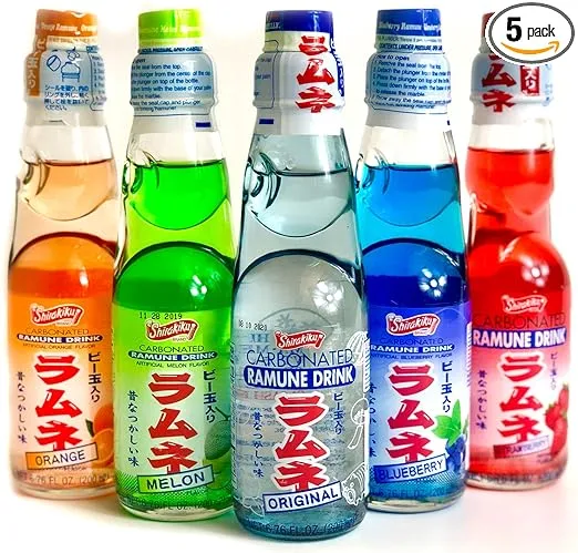 Ramune Japanese Soda Variety Pack - Shirakiku Multiple Flavors - Japanese Drink Gift Box (5 Count)