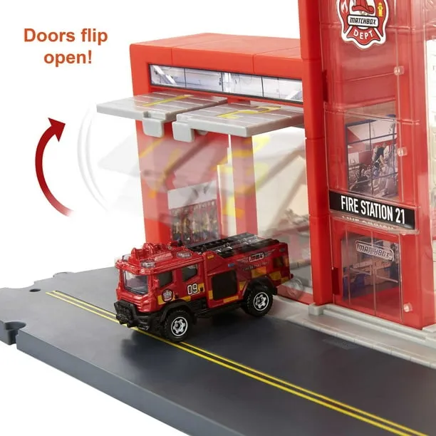 Matchbox Cars Playset, Action Drivers Fire Station Rescue & Toy Fire Truck in 1:64 Scale, Lights & Sounds, Moving Parts