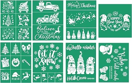 Self-Adhesive Silk Screen Stencil Christmas Theme Stencils 8 Pcs, Screen Prin...