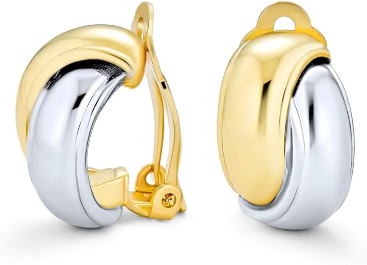 Two Tone Interlocking Circle Dome Half Hoop Clip On Earrings Non Pierced Polished Silver Tone 14K Gold Plated Brass