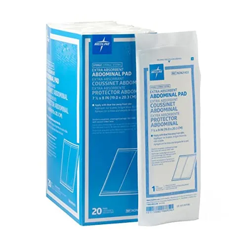 Medline Sterile Extra Absorbent Abdominal Pad, 8&#034; x 7.5&#034;, Box of 20 - NON21453H