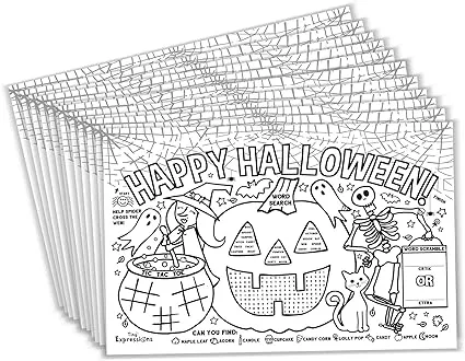 32 Pcs Halloween Placemats Halloween Coloring Paper Table Mats Disposable Coloring Activity Place Mats Pumpkin Ghost Table Decoration for Halloween Party Home Table Supplies32 Pcs Halloween Placemats Halloween Coloring Paper Table Mats Disposable Colorin