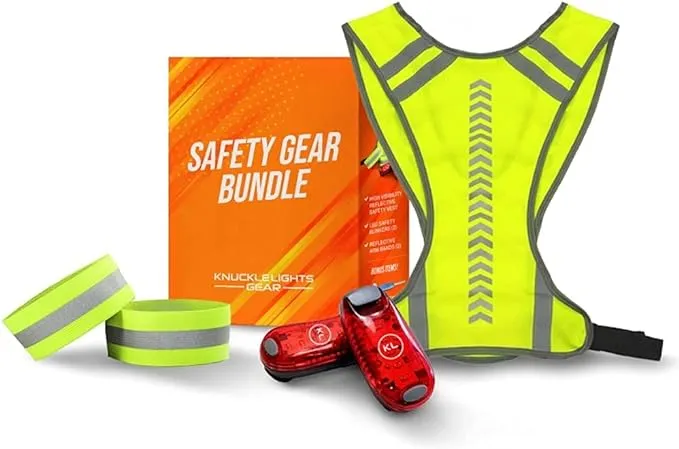 Knuckle Lights Reflective Running Gear Safety Bundle - Reflective Vest, LED Safety Light, Reflective Bands, Night Safety Gear for Runners, Cycling, Hiking, Walking - High Visibility Reflective Gear