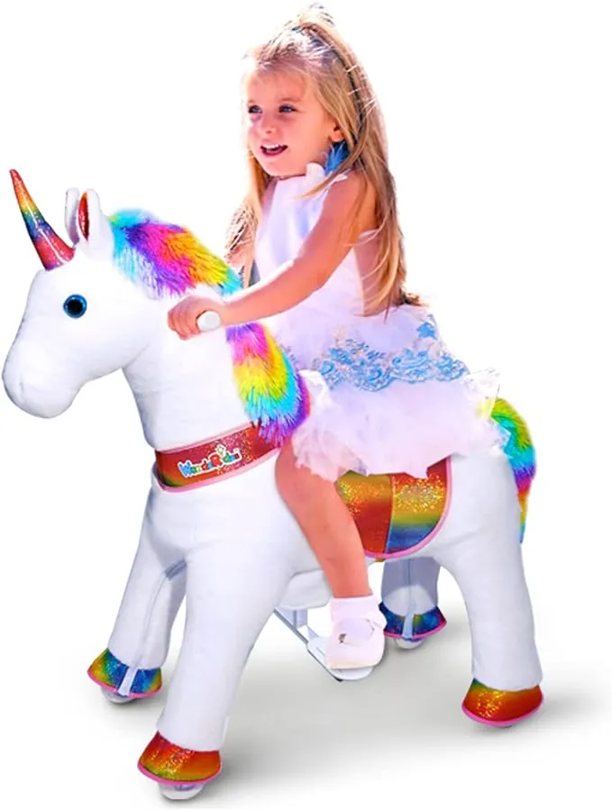 WondeRides Ride on Unicorn Plush Horse Toy for Girls Walking Animal Giddy up Pony Cycle Medium Size 4 for Age 4-9 (36 inch Height), Mechanical Riding Horse with Wheels