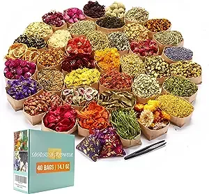 40 Bags Natural Dried Flowers Kit, Natural Dried Herbs with 2 Mesh Drawstring Bag for Soap,Candle,Resin Jewelry Making,Bath,Nail - Rose Petals,Rosebuds,Lilium,Jasmine,Don't Forget Me and More