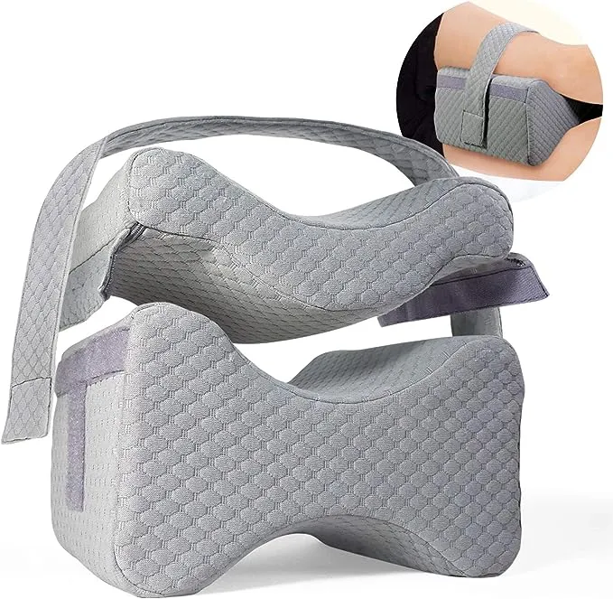 Knee Pillow w/Strap - New 3-Level Contour Memory Foam Leg Separator & Side Sleeper Design, Large to Small Support & Hip Alignment for Lower Back, Joint, Nerve, Sciatica & Pregnancy Pain Relief