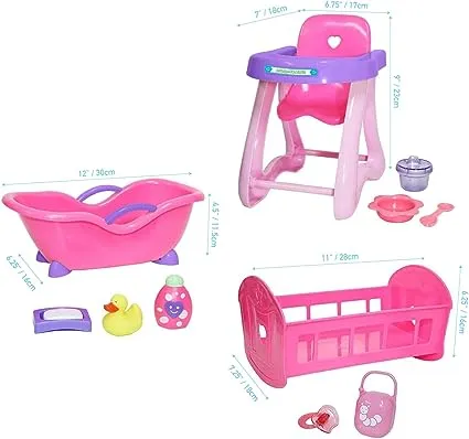 JC Toys Deluxe Doll Accessory Bundle | High Chair, Crib, Bath and Extra Accessories for Dolls up to 11" | Fits 11" La Baby & Other Similar Sized Dolls, Pink (81453)JC Toys Deluxe Doll Accessory Bundle | High Chair, Crib, Ba…